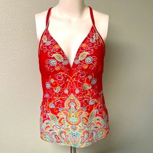 Athleta Offshore Racerback Tankini Top Swimsuit Red Paisley Top Only Size M